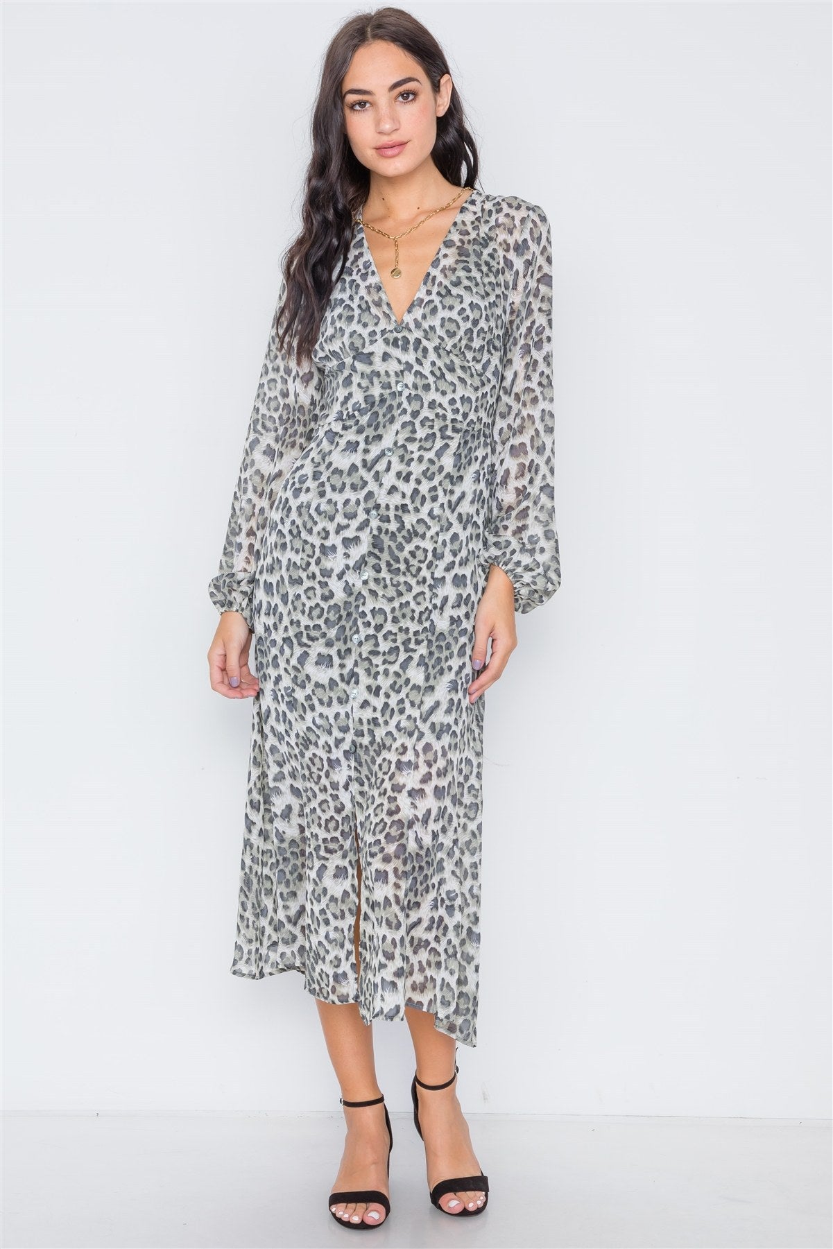 Olive Animal Print Chiffon Long Sleeve Maxi Dress