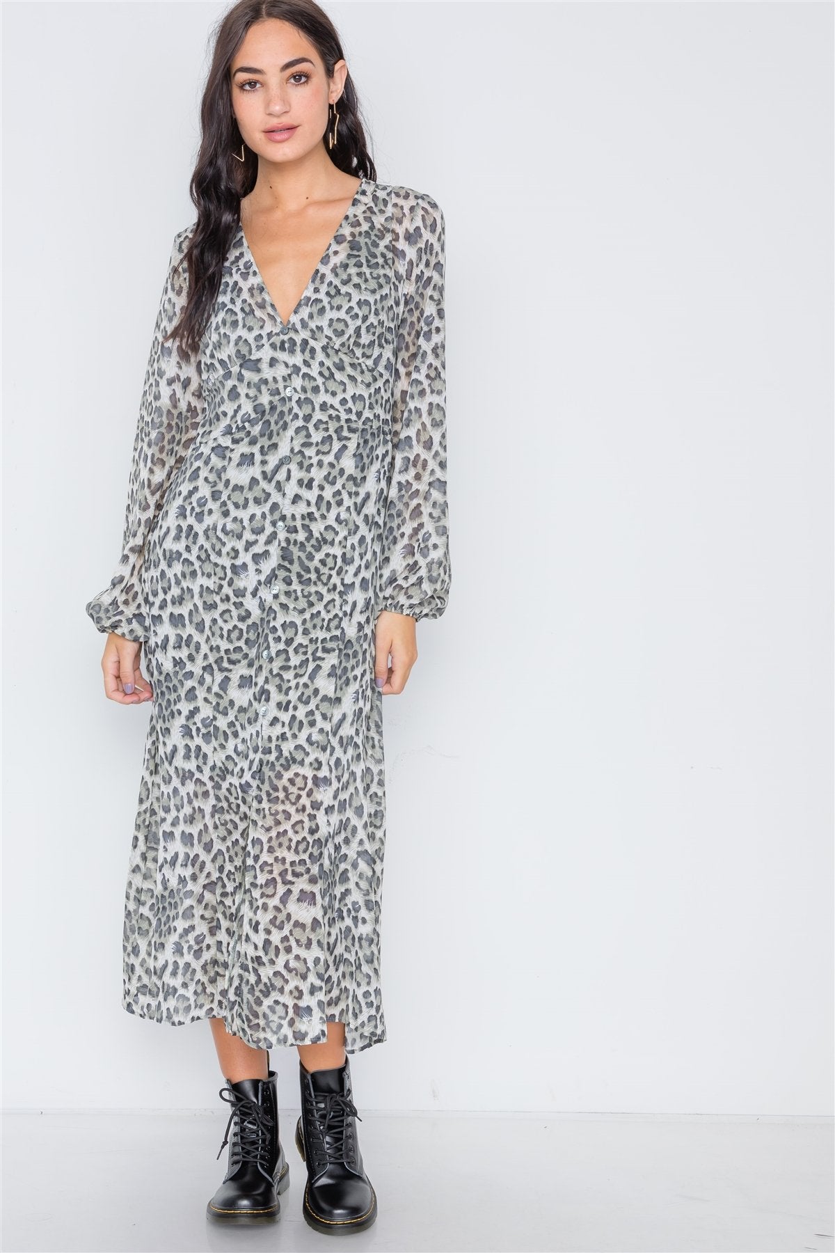 Olive Animal Print Chiffon Long Sleeve Maxi Dress