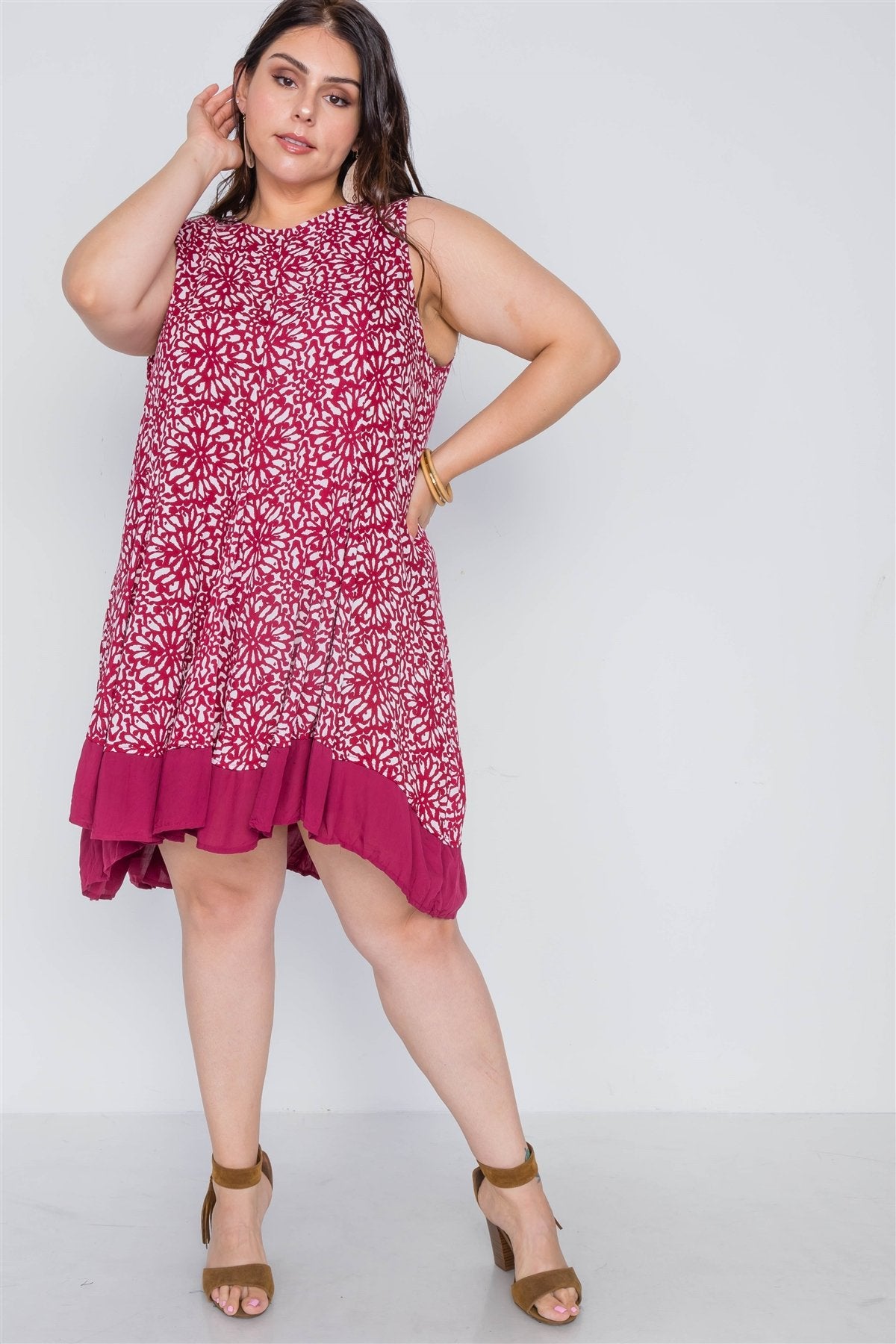 Plus Size Red White Floral Sleeveless Boho Dress