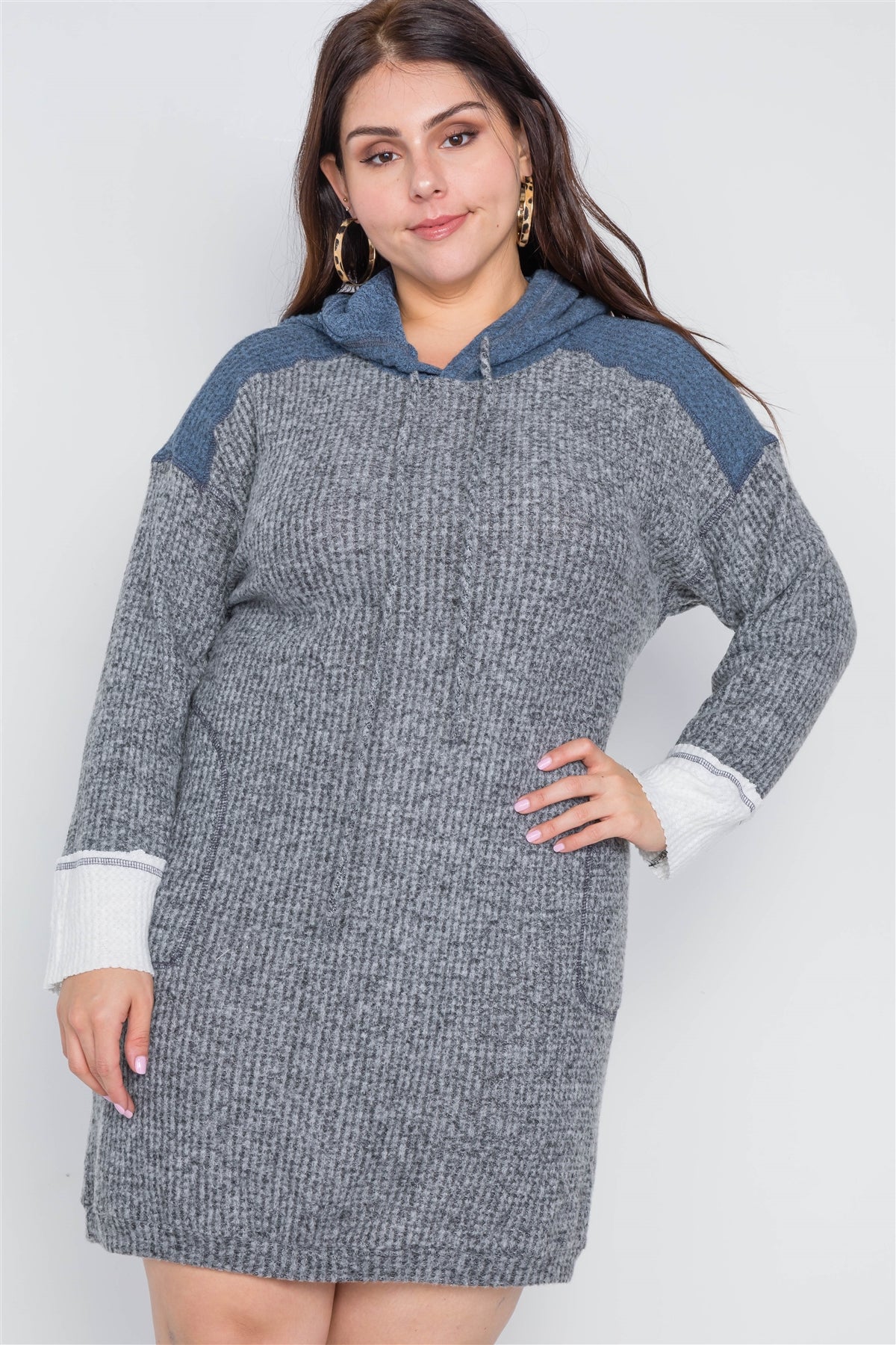 Plus Size Charcoal Knit Hooded Soft Sweater Dress