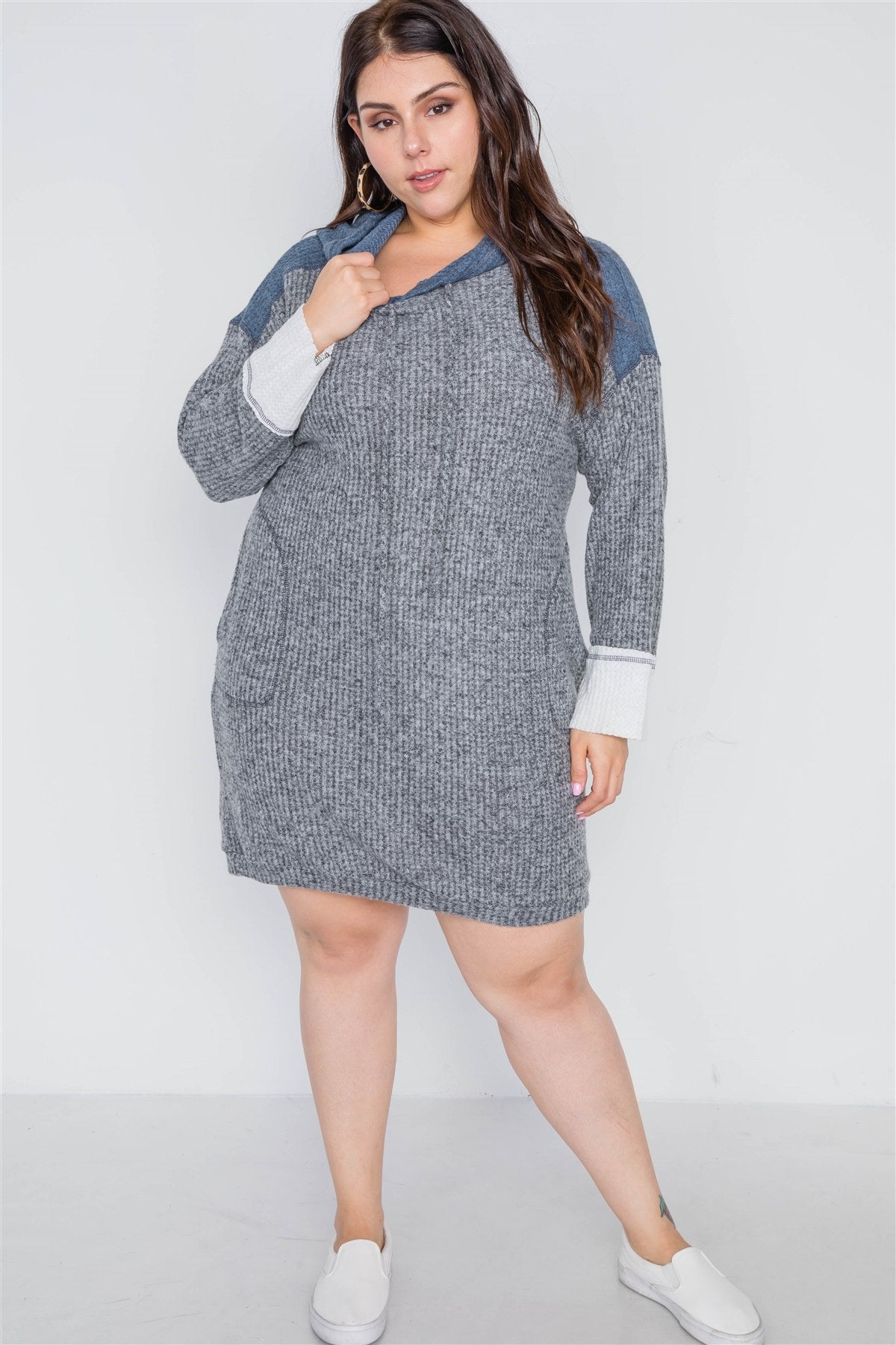 Plus Size Charcoal Knit Hooded Soft Sweater Dress