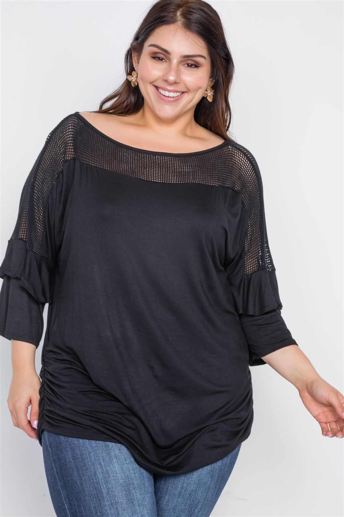 Plus Size Black Net Combo 3/4 Sleeve Top