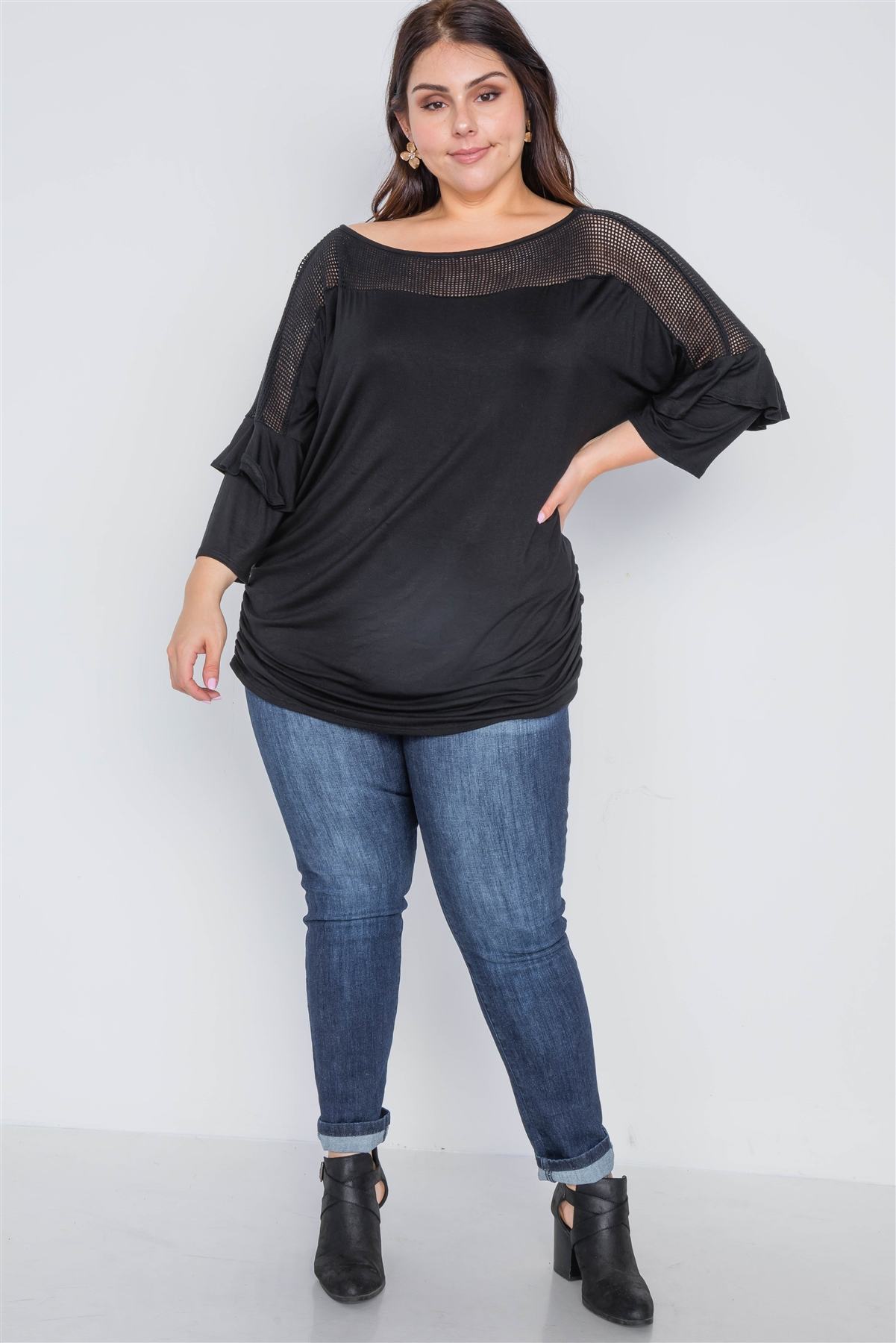 Plus Size Black Net Combo 3/4 Sleeve Top