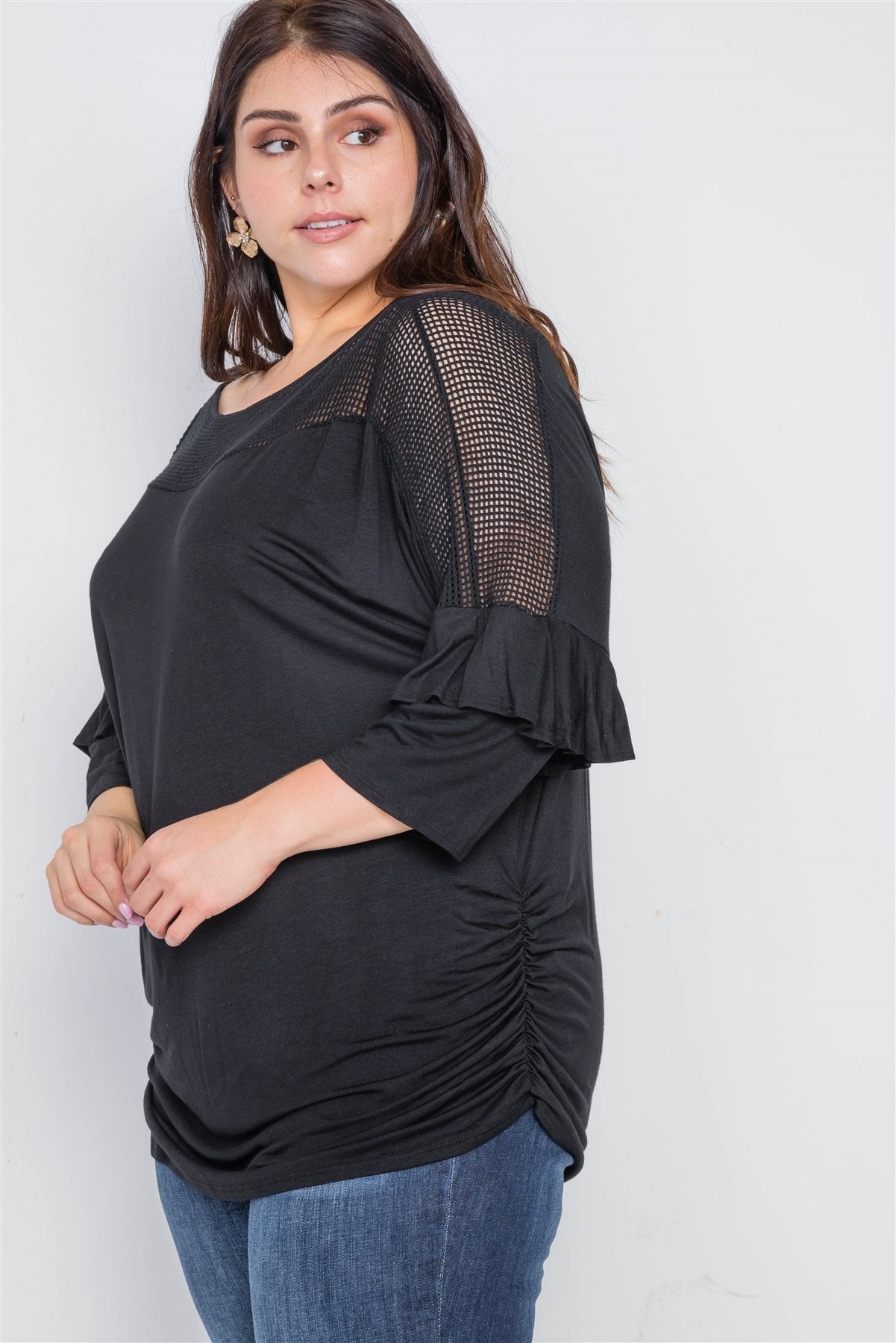 Plus Size Black Net Combo 3/4 Sleeve Top