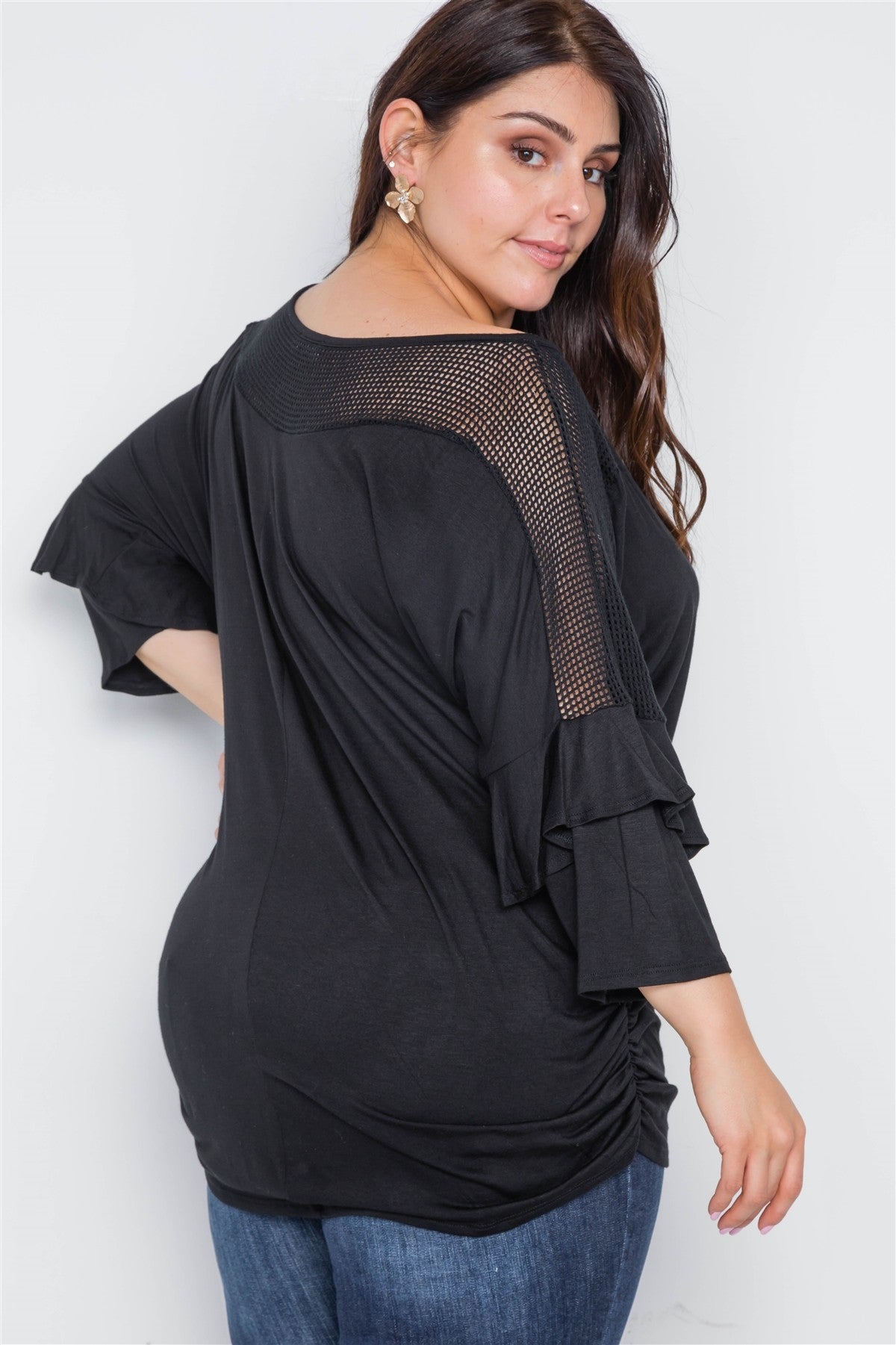 Plus Size Black Net Combo 3/4 Sleeve Top