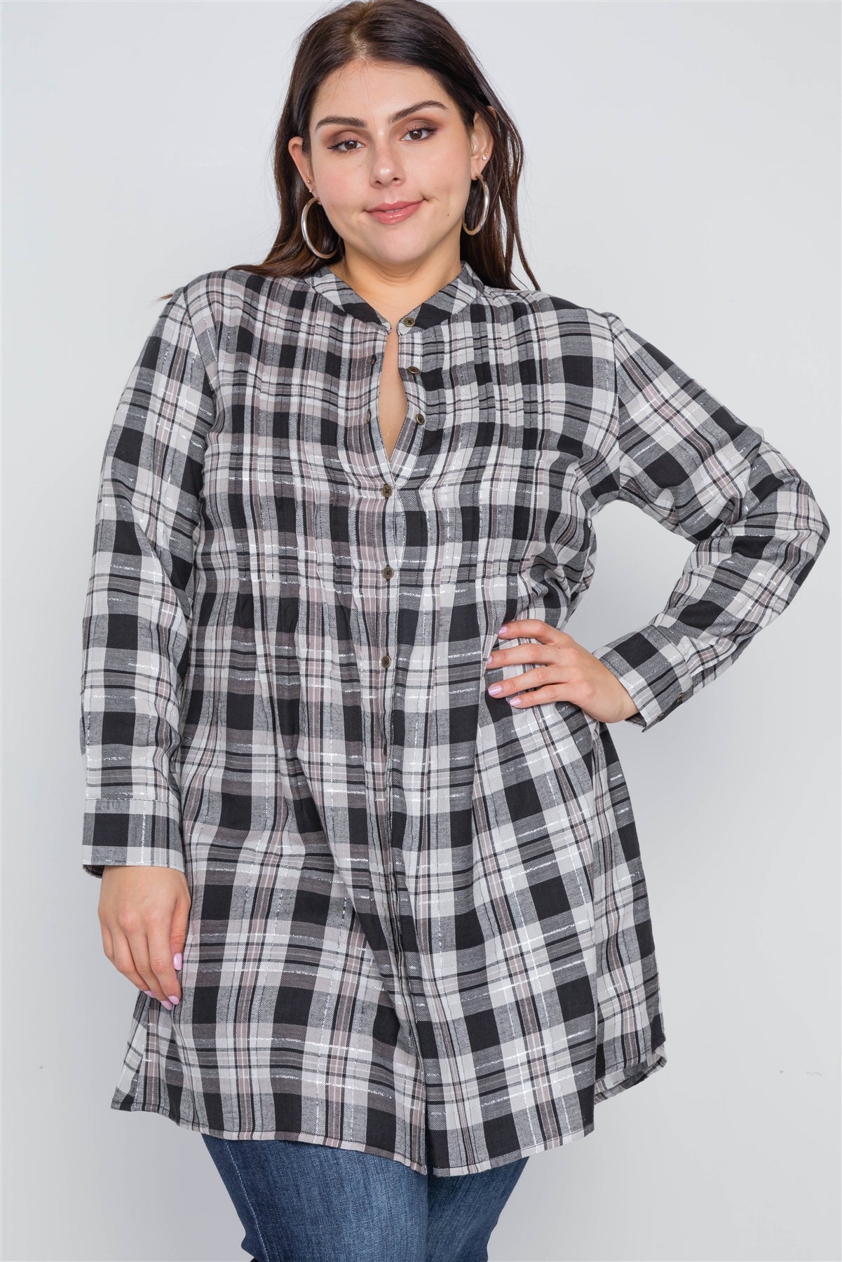Plus Size Grey Plaid Button Down Shirt Dress