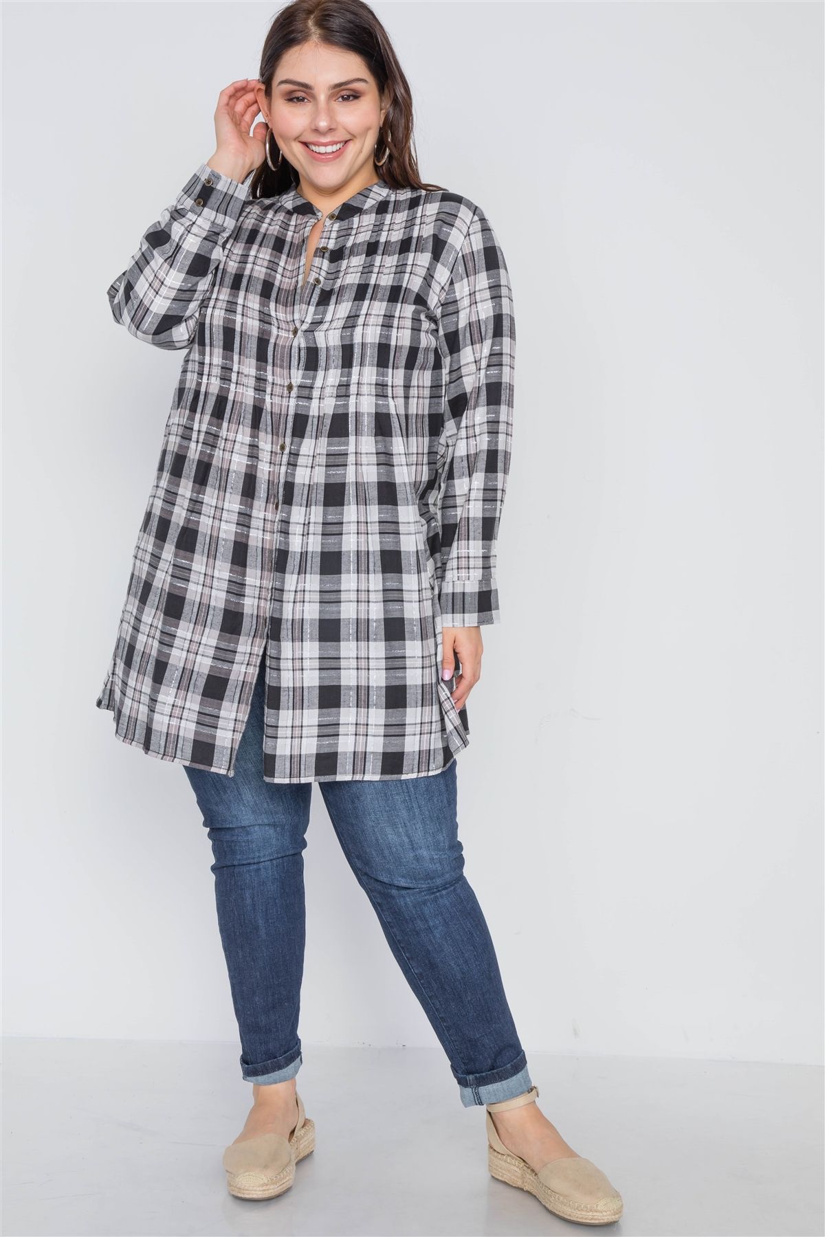 Plus Size Grey Plaid Button Down Shirt Dress