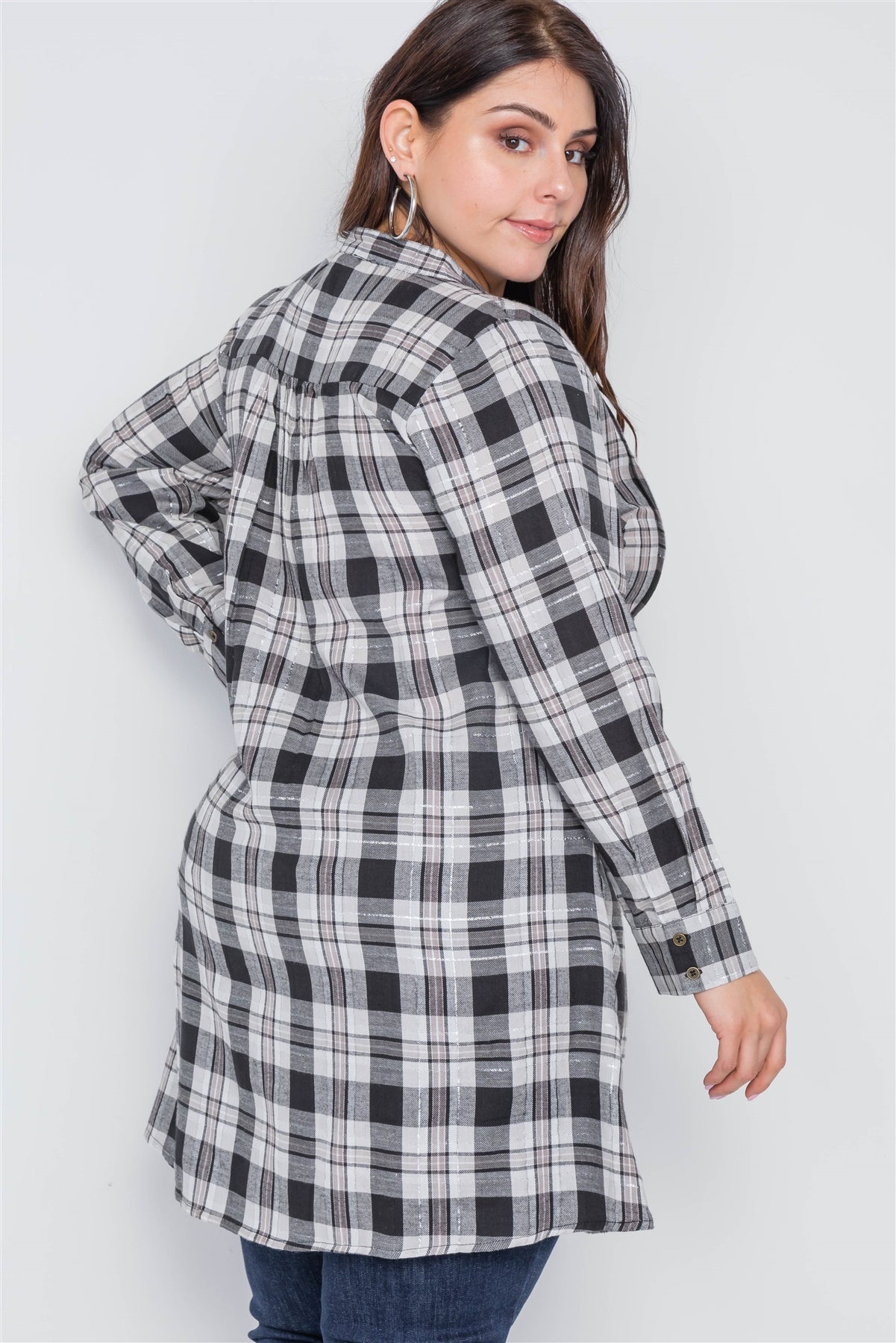 Plus Size Grey Plaid Button Down Shirt Dress