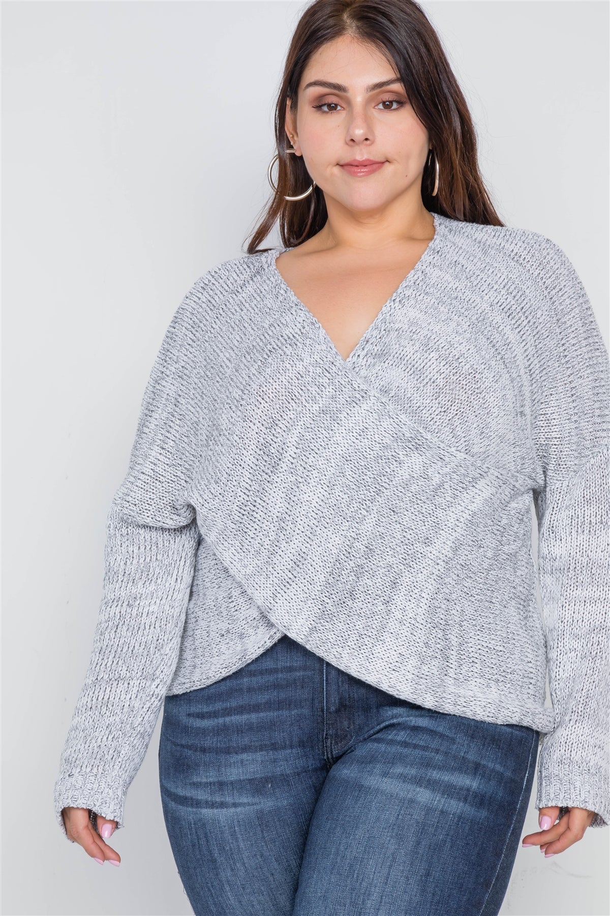 Plus Size Grey Heather Cross-front Knit Sweater