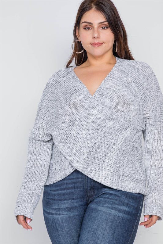 Plus Size Grey Heather Cross-front Knit Sweater