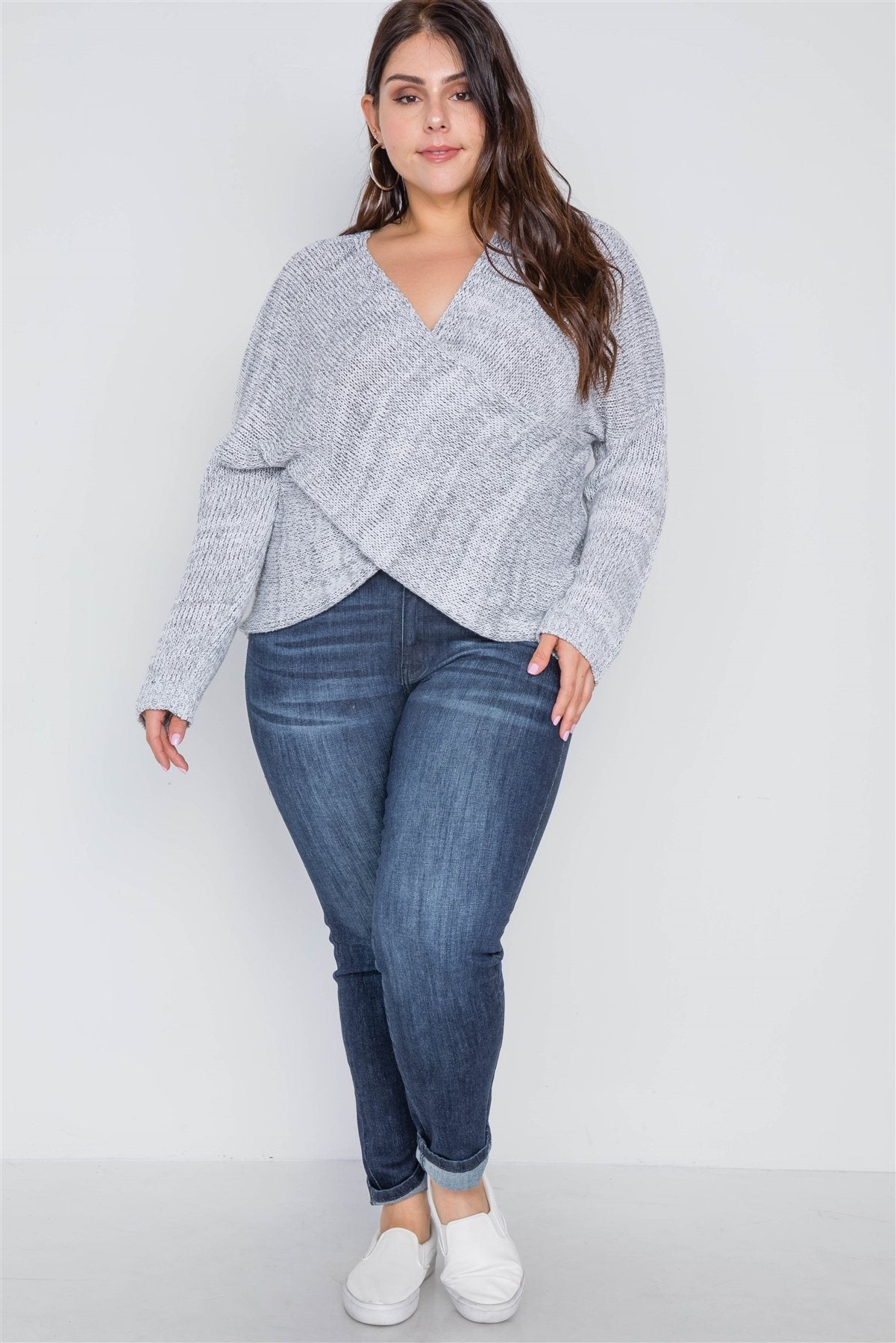 Plus Size Grey Heather Cross-front Knit Sweater