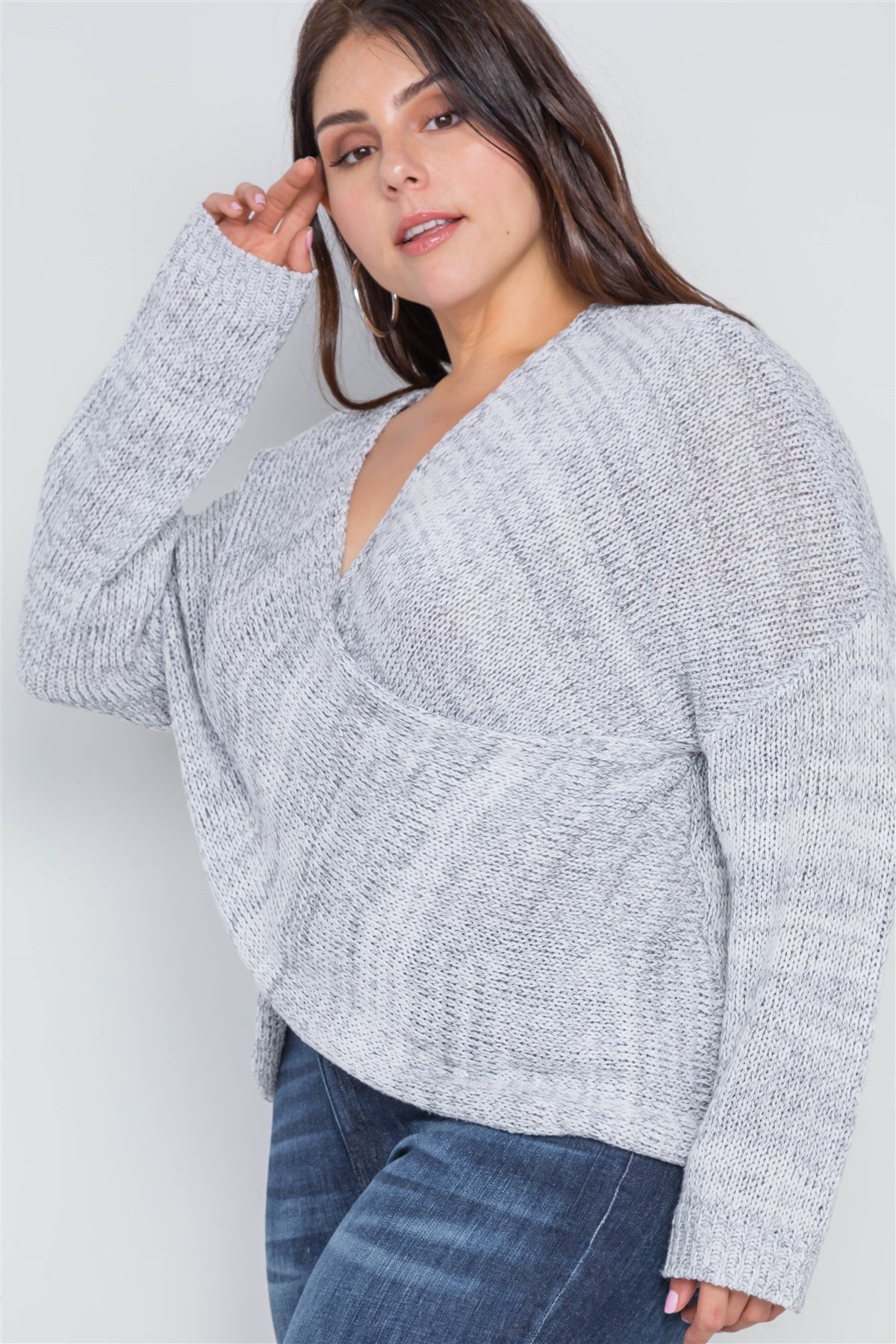 Plus Size Grey Heather Cross-front Knit Sweater