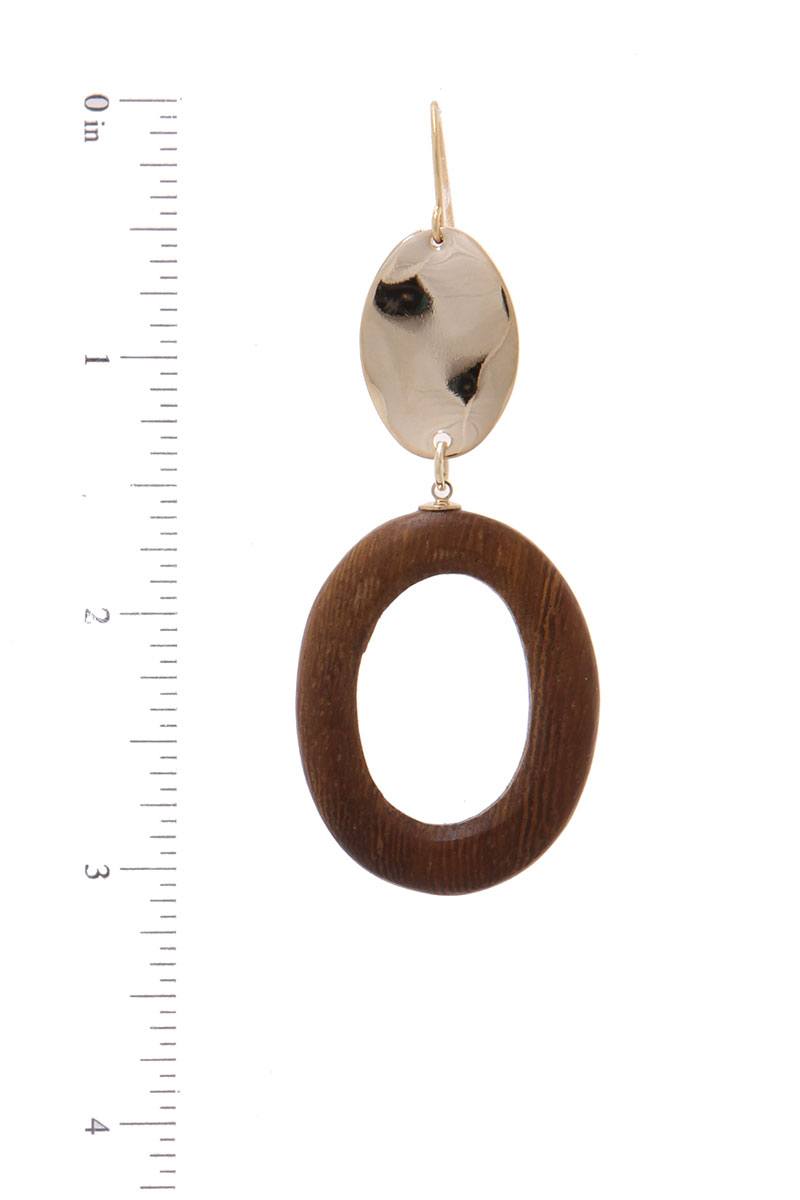 Wood Circle Shape Hammered Oval Drop Earring