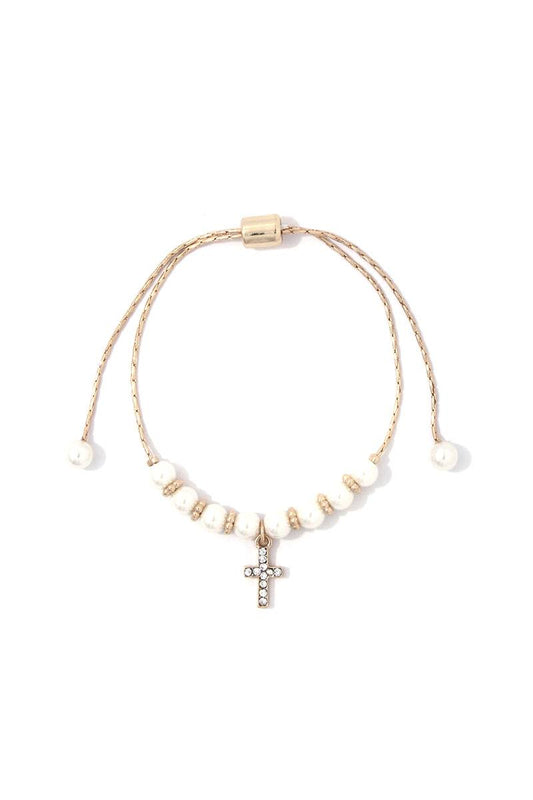 Rhinestone Cross Dangle Pearl Adjustable Bracelet