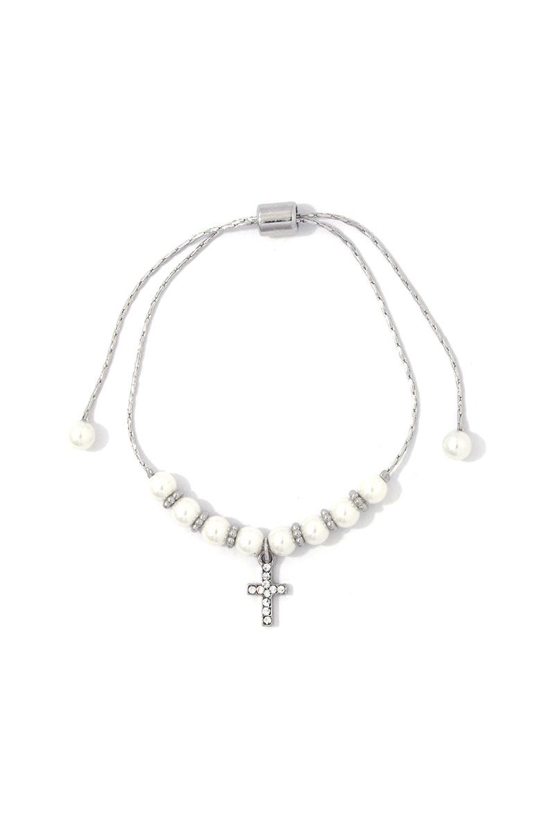 Rhinestone Cross Dangle Pearl Adjustable Bracelet