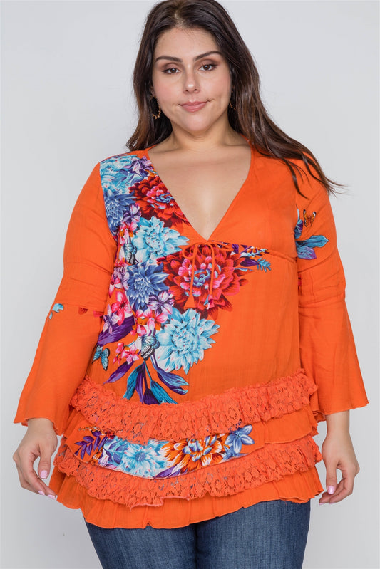 Boho Papaya Plus Size Floral Mix Print Lace Ruffle Hem Top