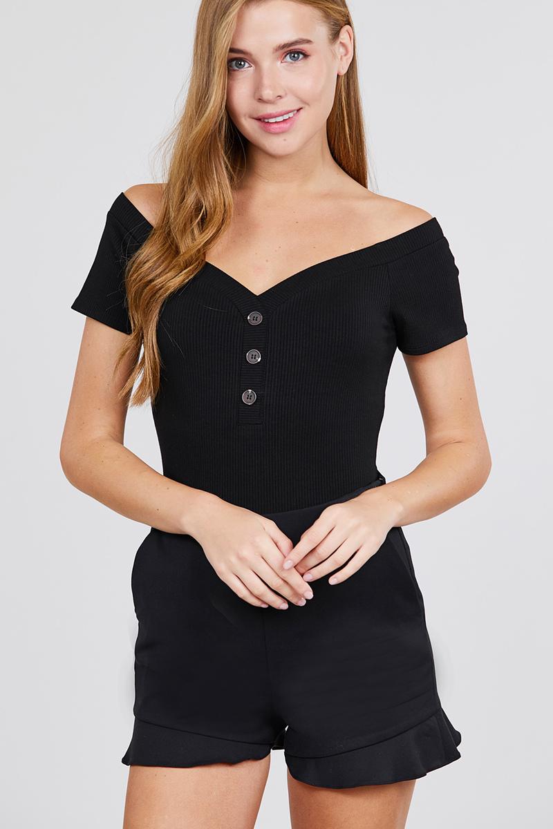 Short Sleeve Off The Shoulder Button Down Heavy Rib Rayon Spandex Knit Bodysuit