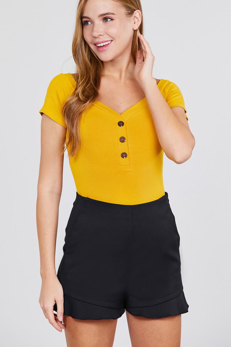 Short Sleeve Off The Shoulder Button Down Heavy Rib Rayon Spandex Knit Bodysuit