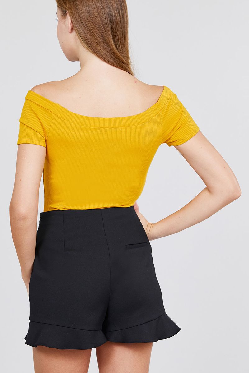 Short Sleeve Off The Shoulder Button Down Heavy Rib Rayon Spandex Knit Bodysuit