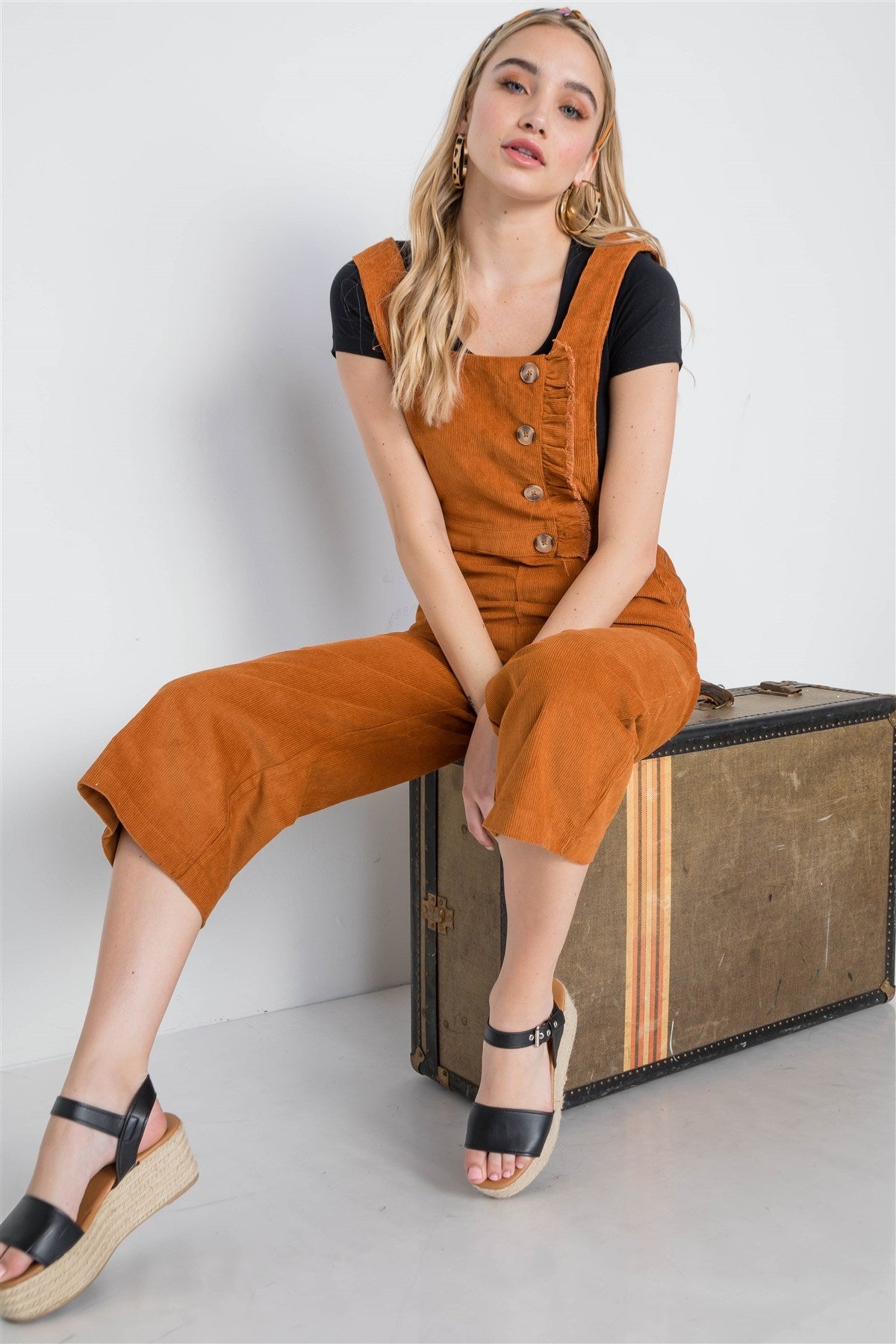 Camel Corduroy Button Front Ankle Length Overall