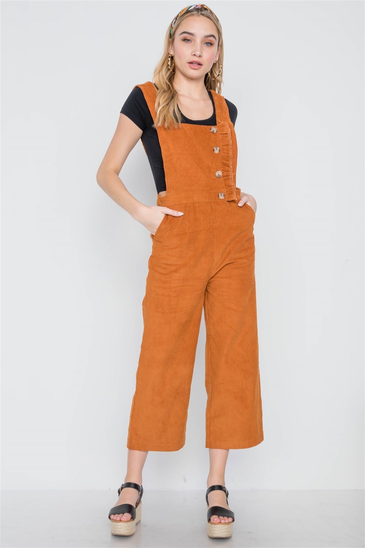Camel Corduroy Button Front Ankle Length Overall
