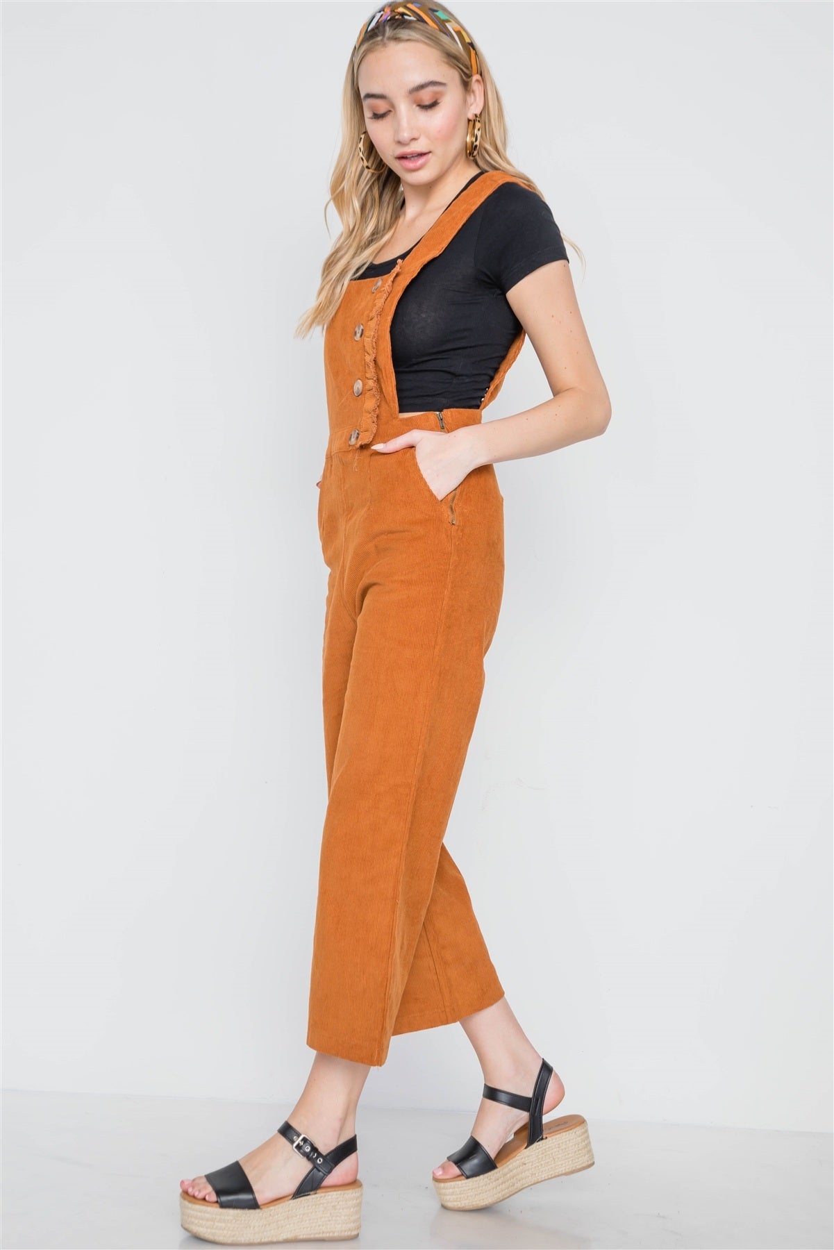 Camel Corduroy Button Front Ankle Length Overall