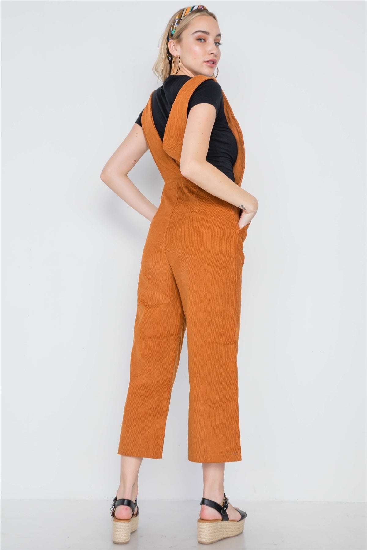 Camel Corduroy Button Front Ankle Length Overall