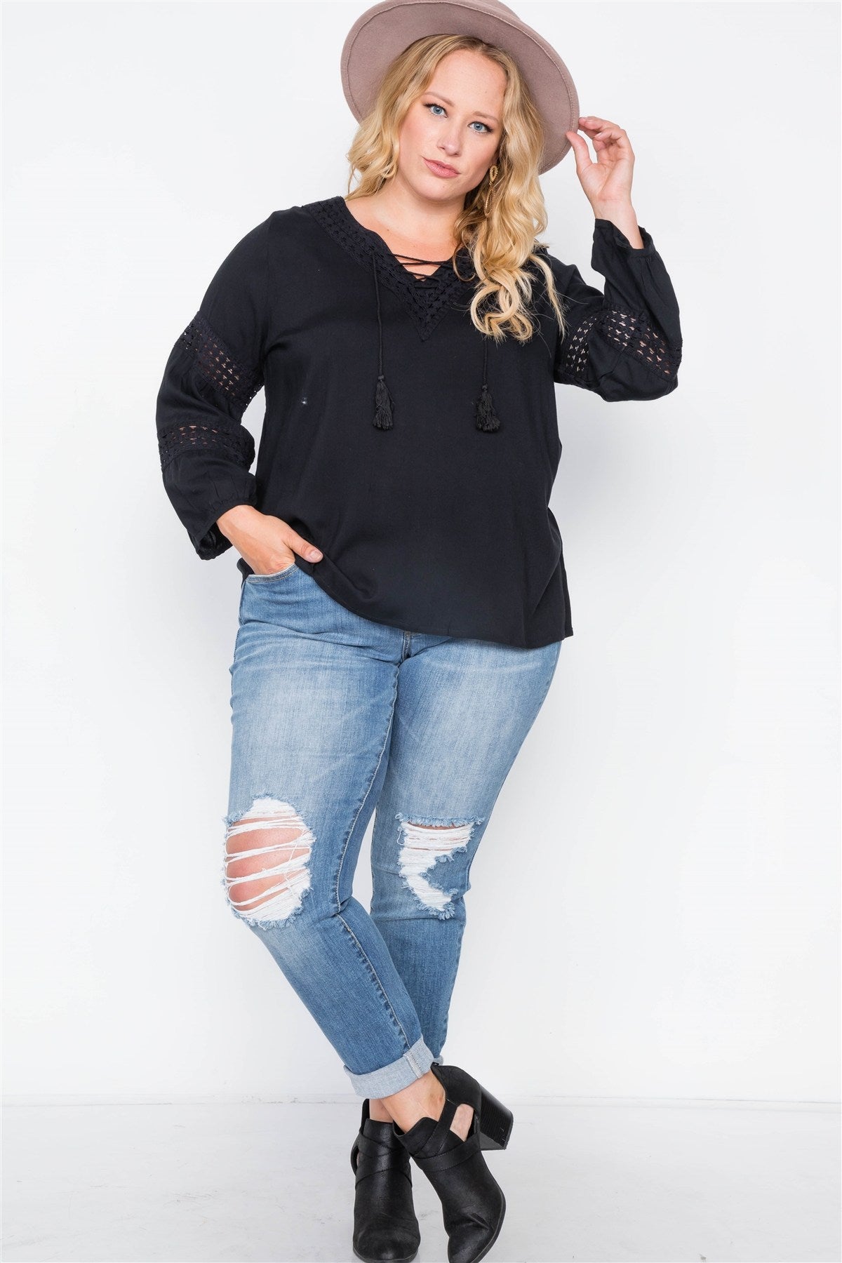 Plus Size Crochet Trim V-neck Boho Top