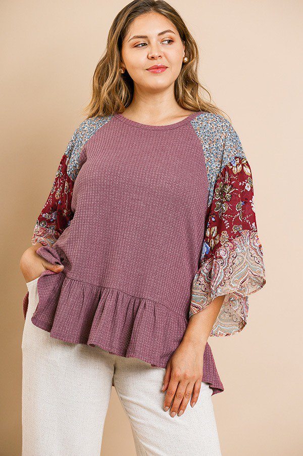 Floral Paisley Mixed Print Bell Sleeve Waffle Knit Top