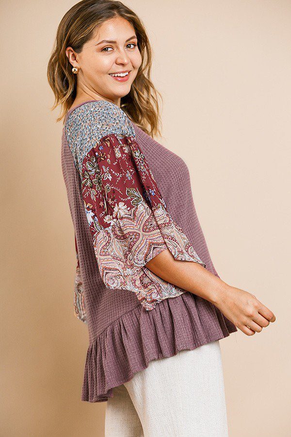 Floral Paisley Mixed Print Bell Sleeve Waffle Knit Top