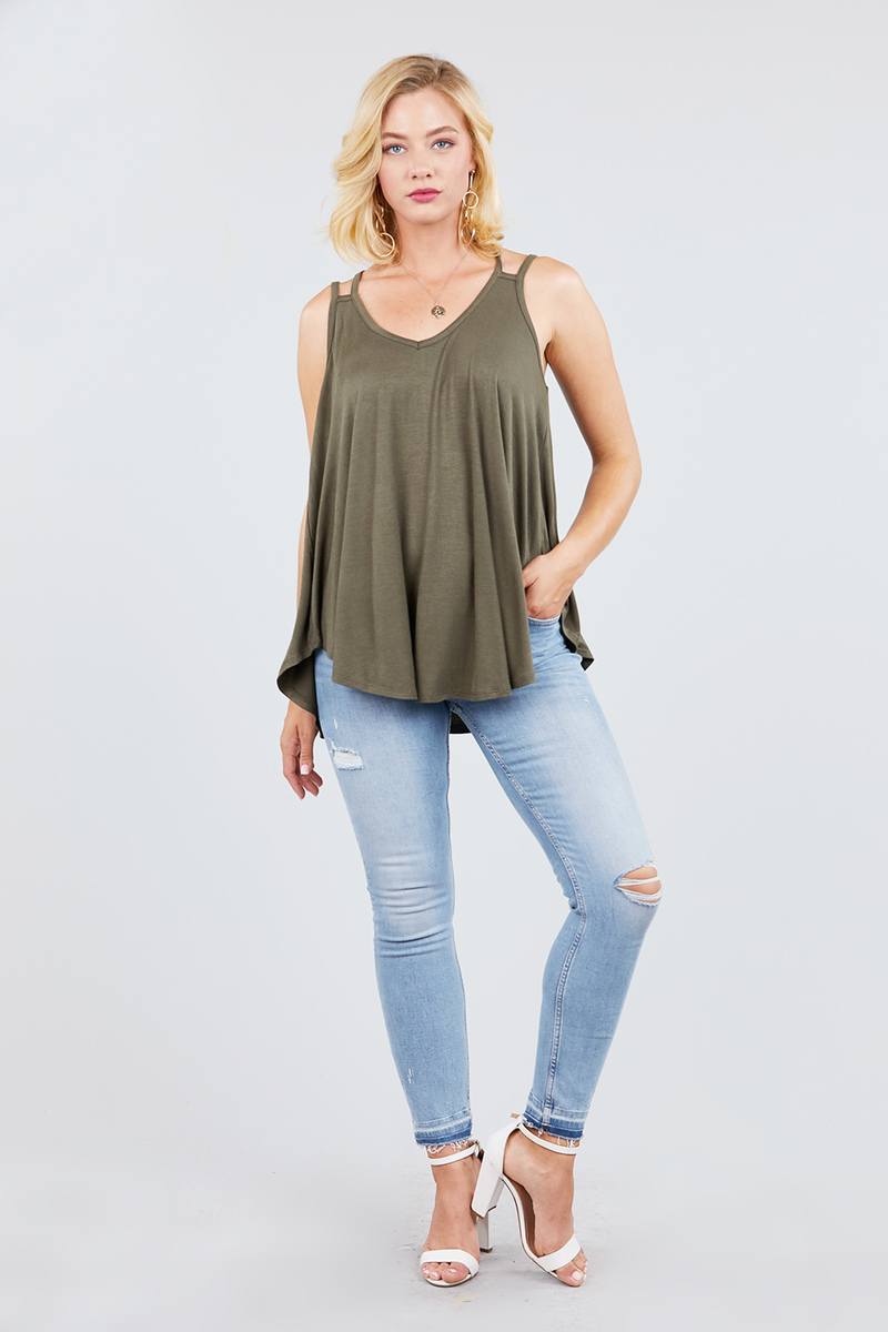 V-neck Double Shoulder Strap Cami Rayon Spandex Top