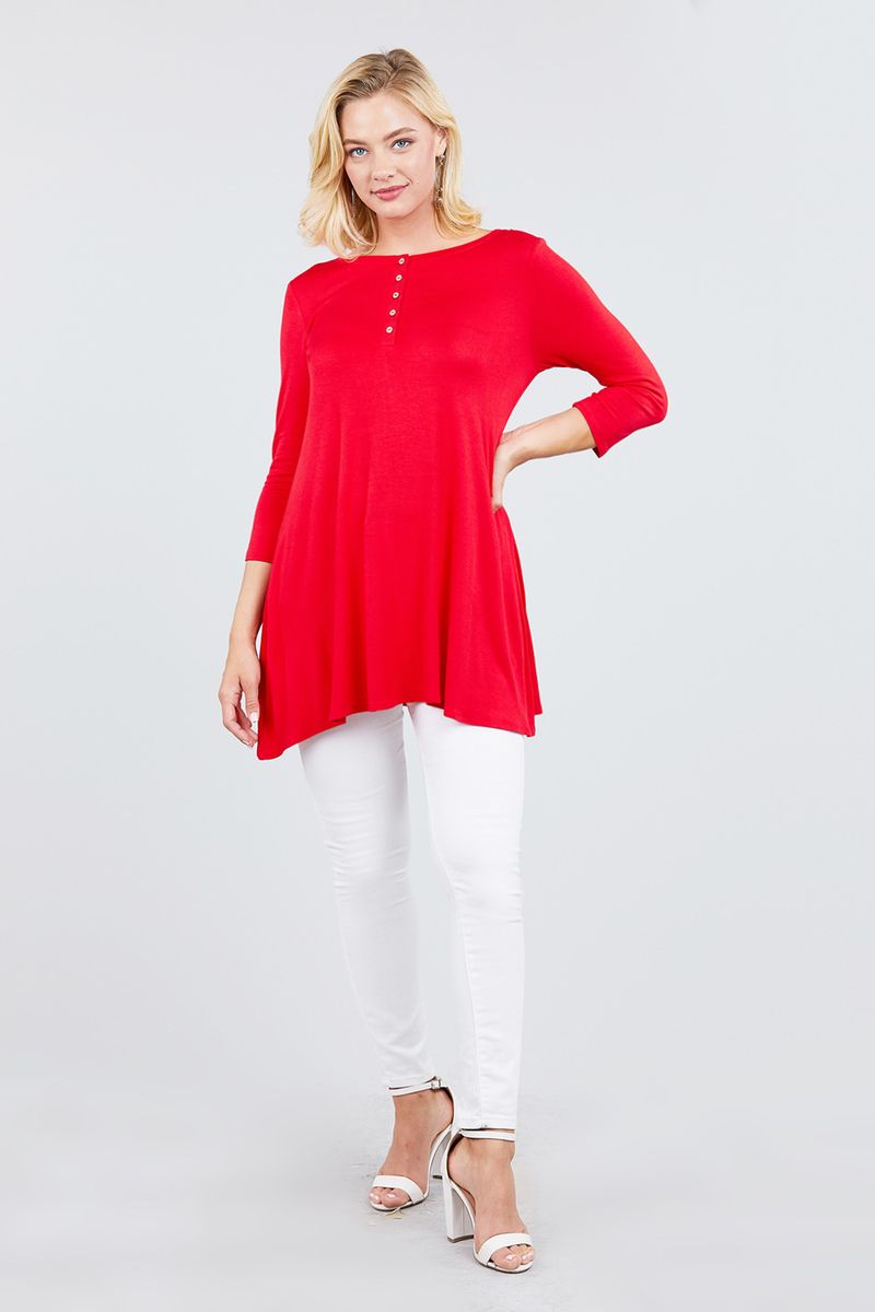 3/4 Sleeve Button Placket Rayon Spandex Top