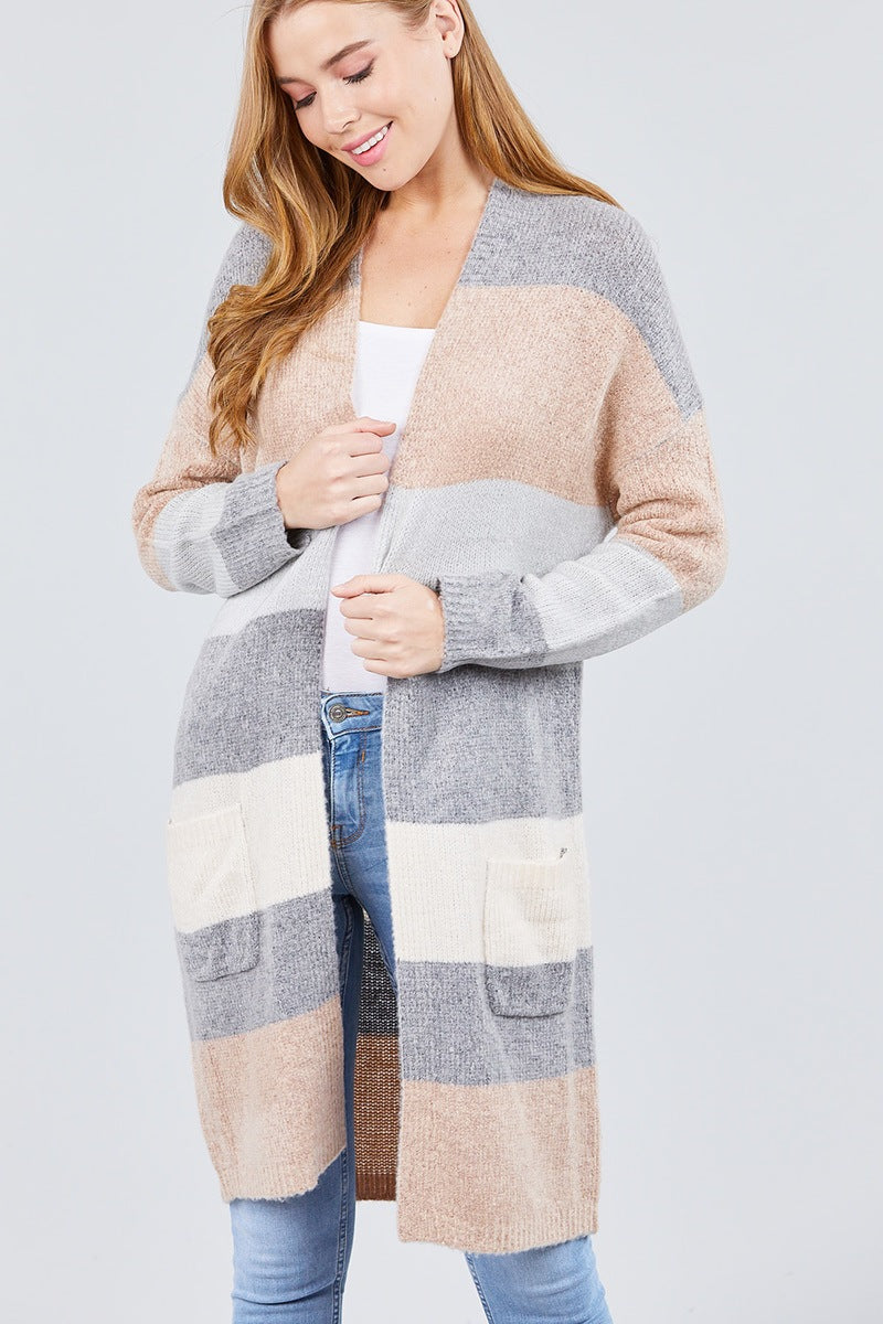 Long Sleeve Open Front W/pocket Color Block Cardigan