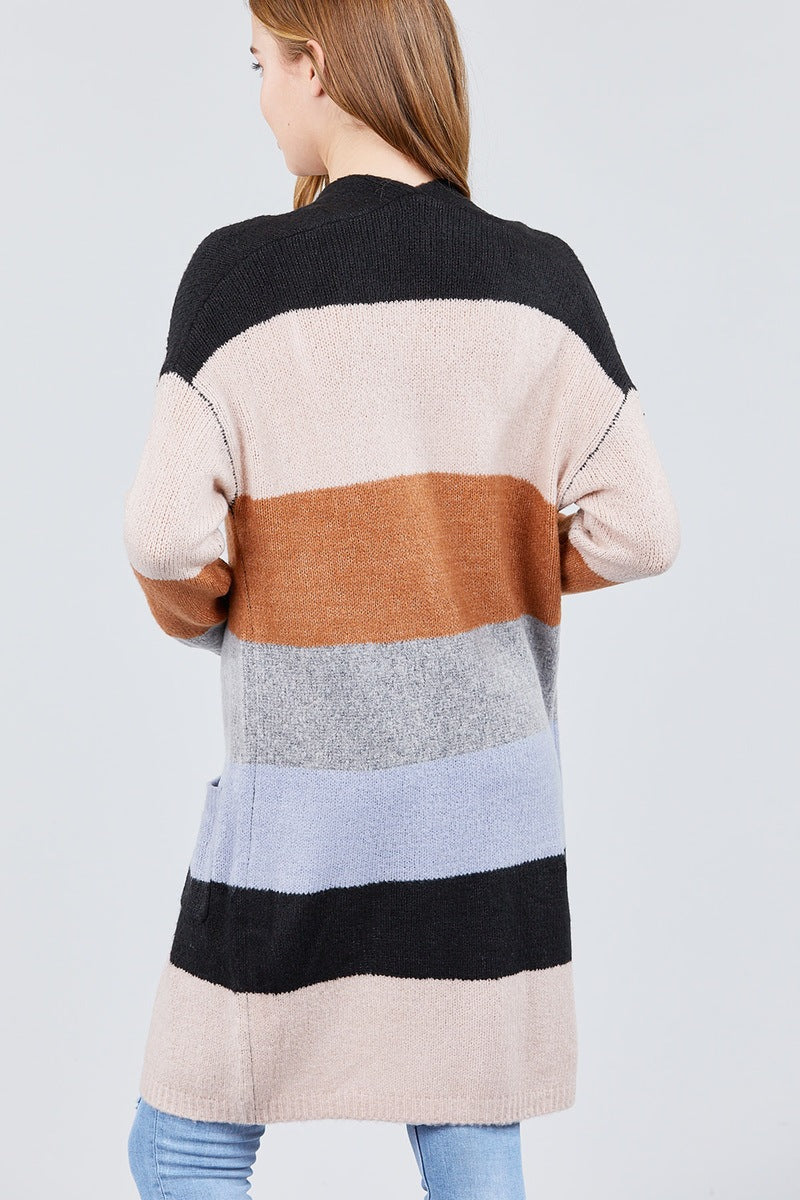 Long Sleeve Open Front W/pocket Color Block Cardigan