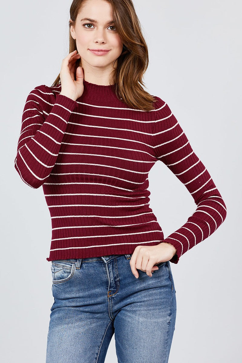 Long Sleeve Mock Neck Stripe Rib Sweater Top