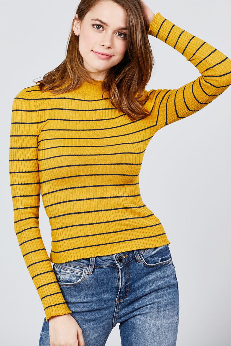 Long Sleeve Mock Neck Stripe Rib Sweater Top