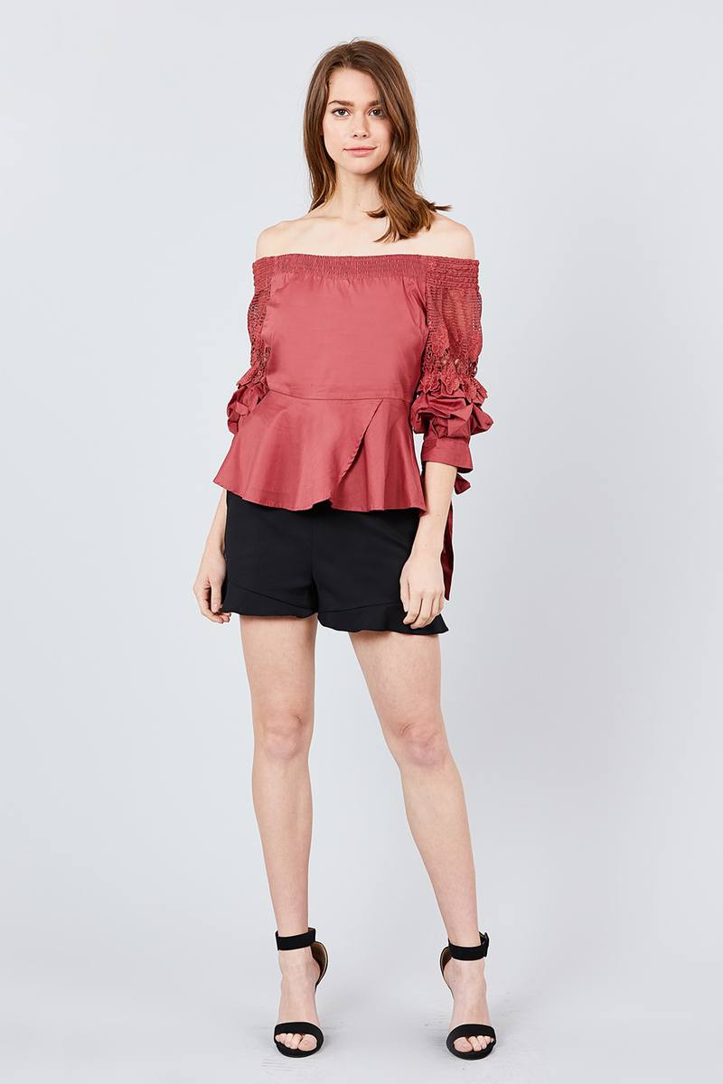 Bubble Sleeve W/bow Tie Off The Shoulder W/crochet Lace Cotton Woven Top