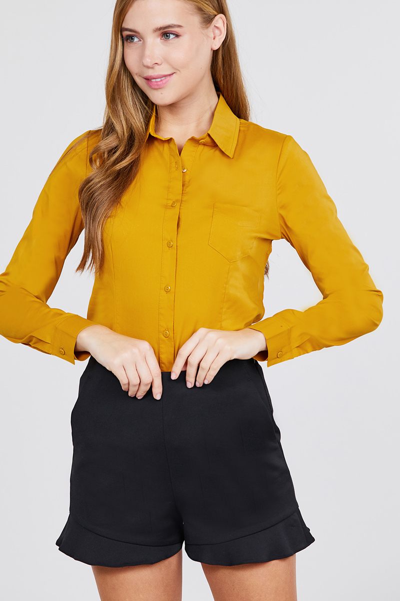 Long Sleeve Princess Line One Side Pocket Button Down Woven Shirts