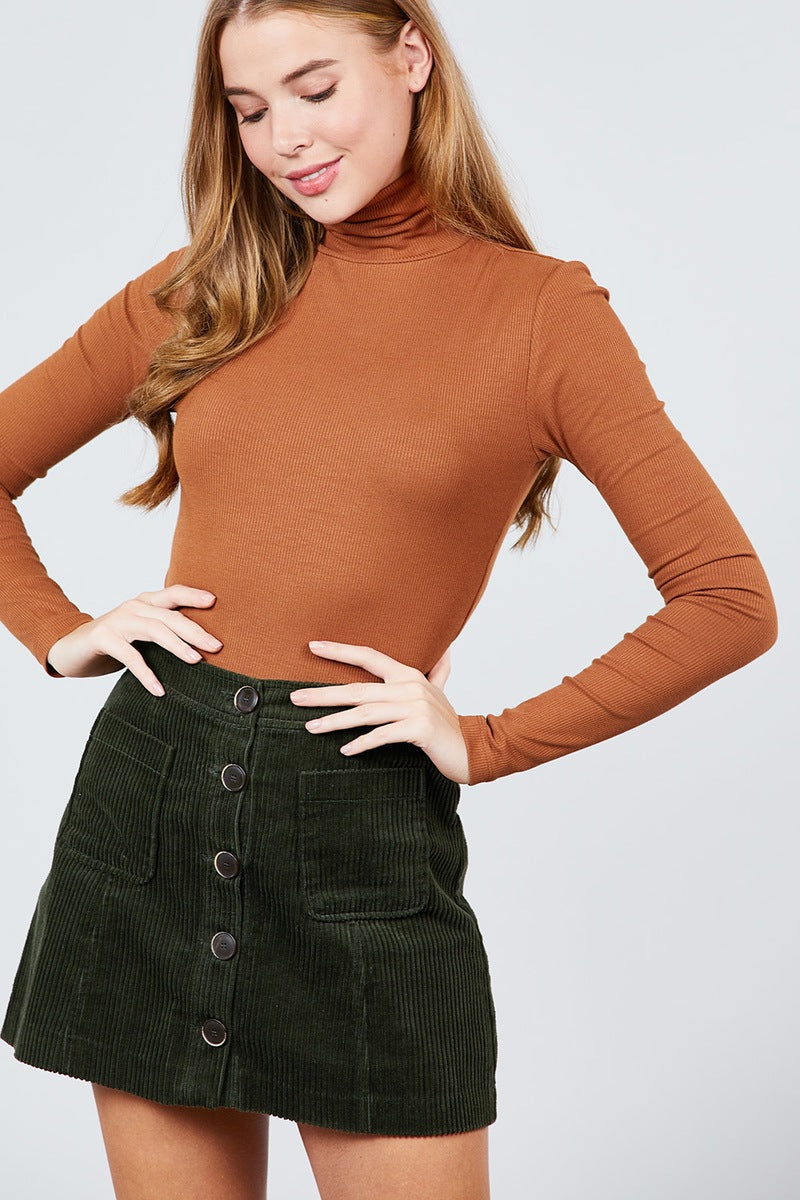 Long Sleeve Shirring Turtle Neck Rib Knit Top