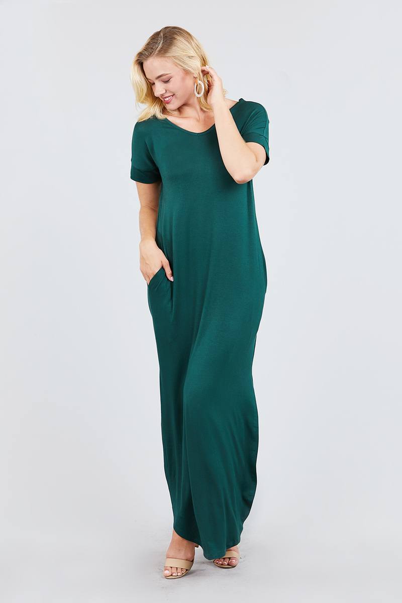 Short Dolman Sleeve Double V-neck W/side Pocket Rayon Spandex Side Slit Maxi Dress