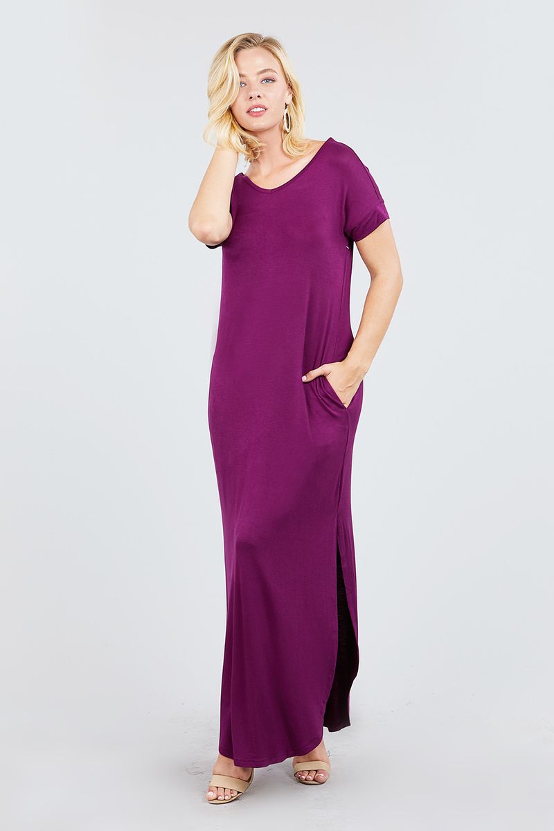 Short Dolman Sleeve Double V-neck W/side Pocket Rayon Spandex Side Slit Maxi Dress