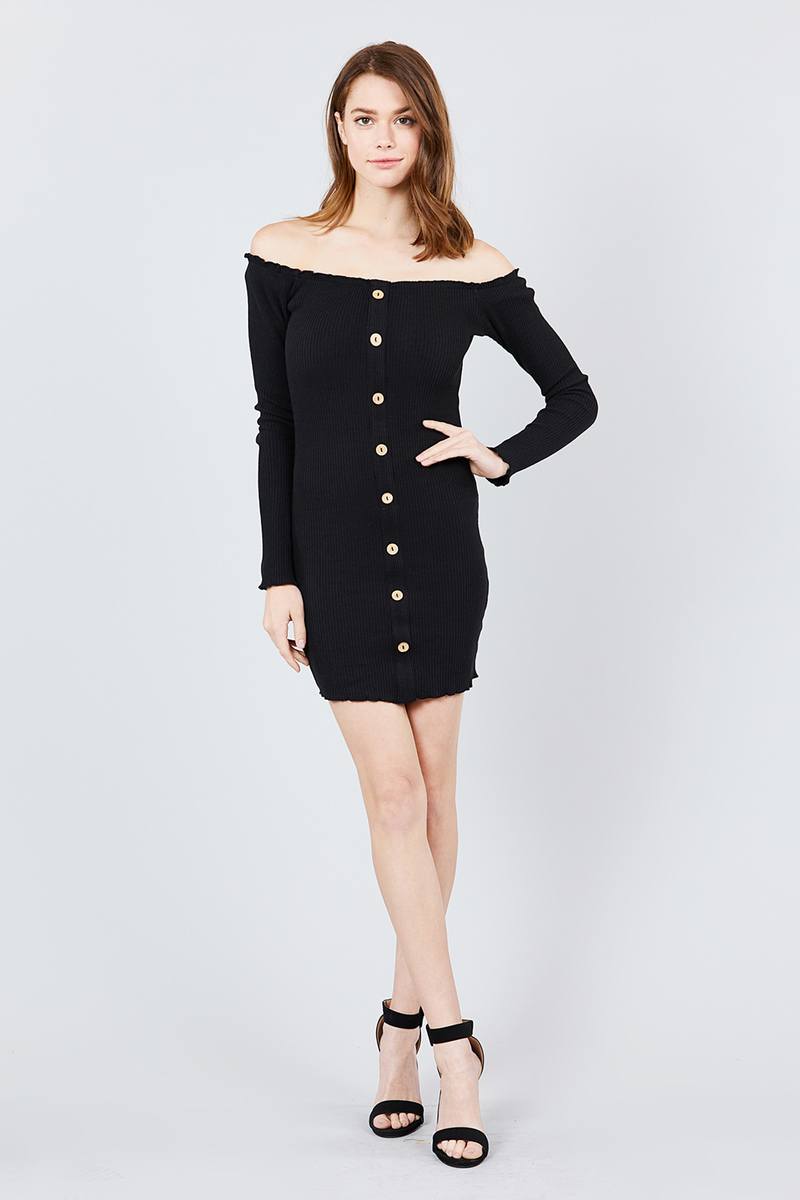 Long Sleeve Button Down Detail Off The Shoulder Cotton Spandex Heavy Rib Mini Dress