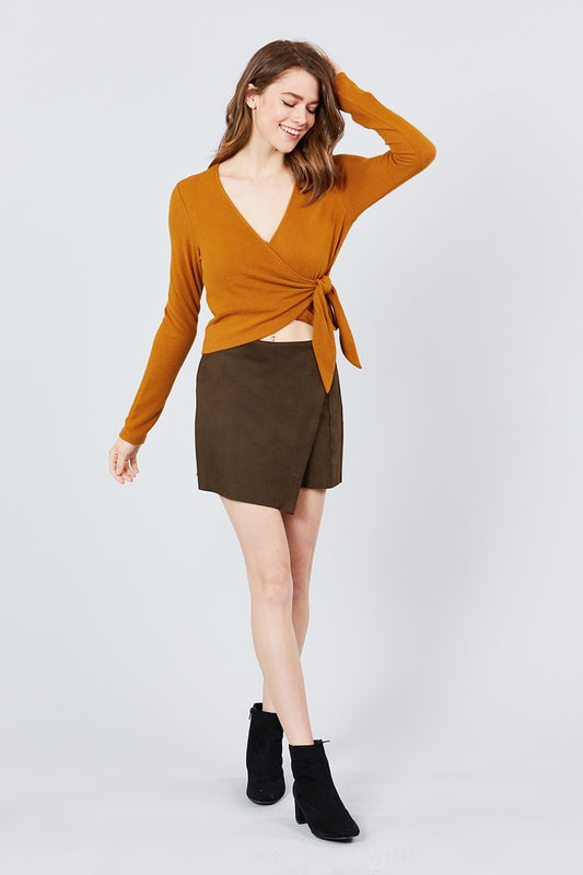 Long Sleeve V-neck Wrapped Tie Brushed Hacci Top