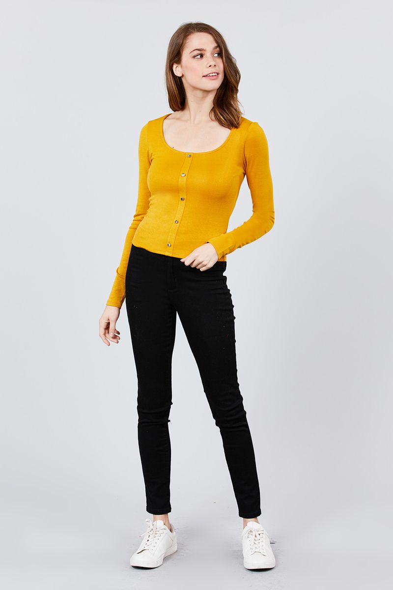 Long Sleeve Scoop Neck Front Button Detail Rib Knit Top