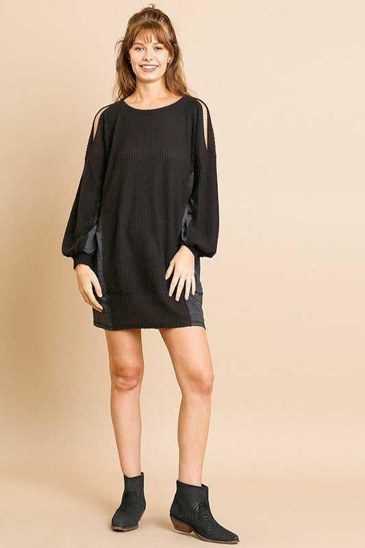 Long Sleeve Waffle Knit Open Shoulder Dress With Heathered Side Panels
