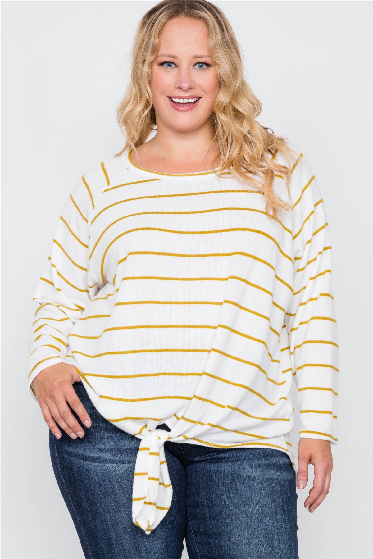Plus Size Ivory Mustard Stripe Soft Long Sleeve Top
