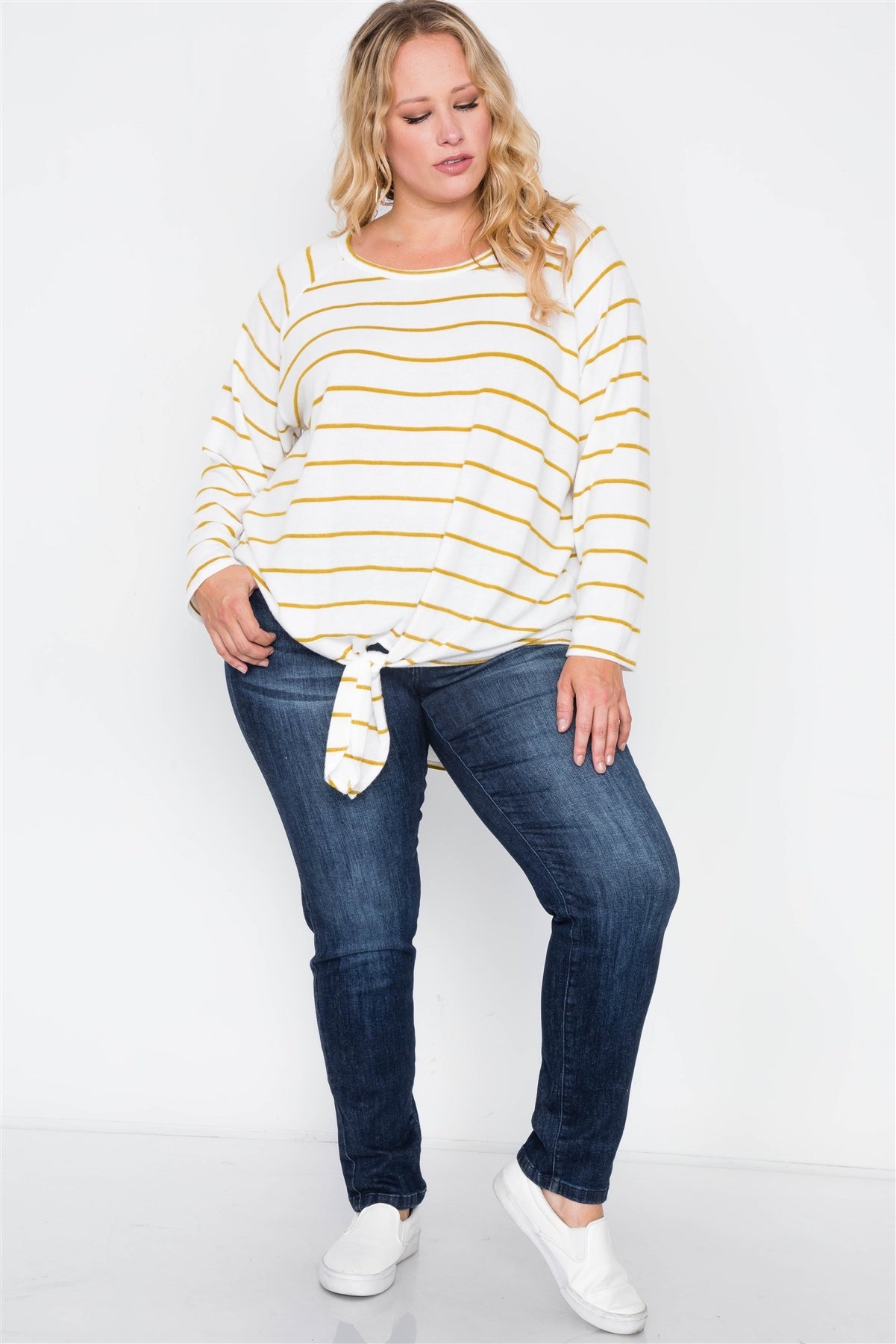 Plus Size Ivory Mustard Stripe Soft Long Sleeve Top