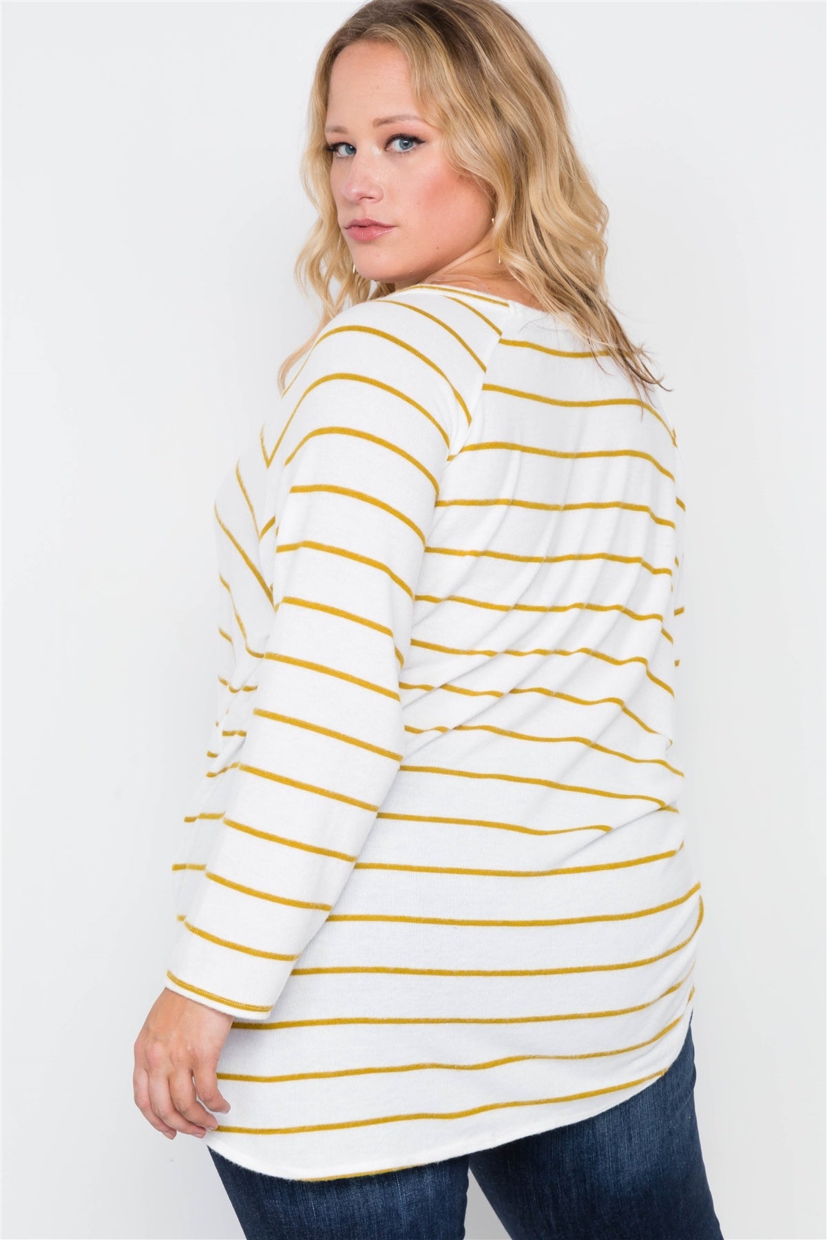 Plus Size Ivory Mustard Stripe Soft Long Sleeve Top