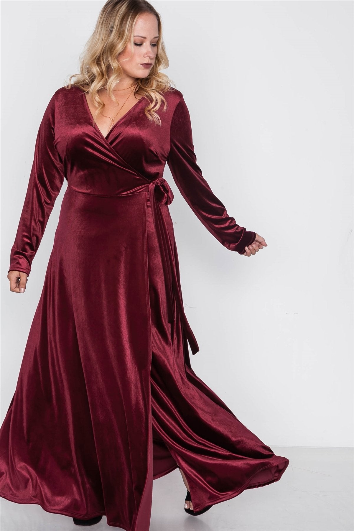 Plus Size Velvet Surplice Neck Maxi Dress