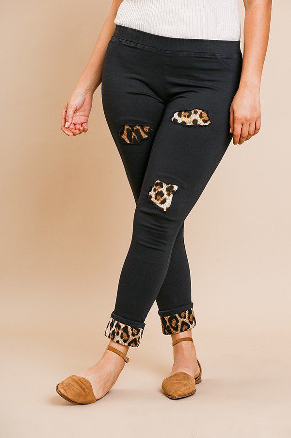 Skinny Pants With Animal Print Patches And Rolled Cuff Hem